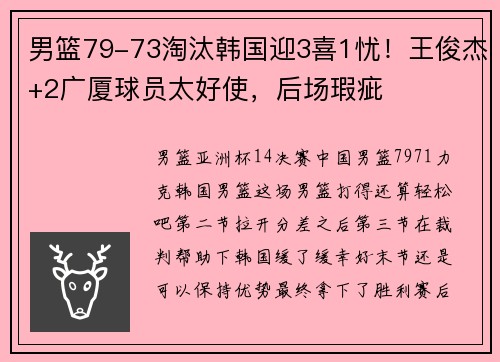 男篮79-73淘汰韩国迎3喜1忧!王俊杰+2广厦球员太好使,后场瑕疵 男篮79-73淘汰韩国迎3喜1忧!王俊杰+2广厦球员太好使,后场瑕疵